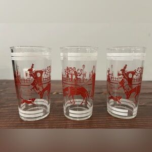 Vintage Hazel Atlas Juice Glass Cup Equestrian Horse Dog‎ Buggy Barware Set